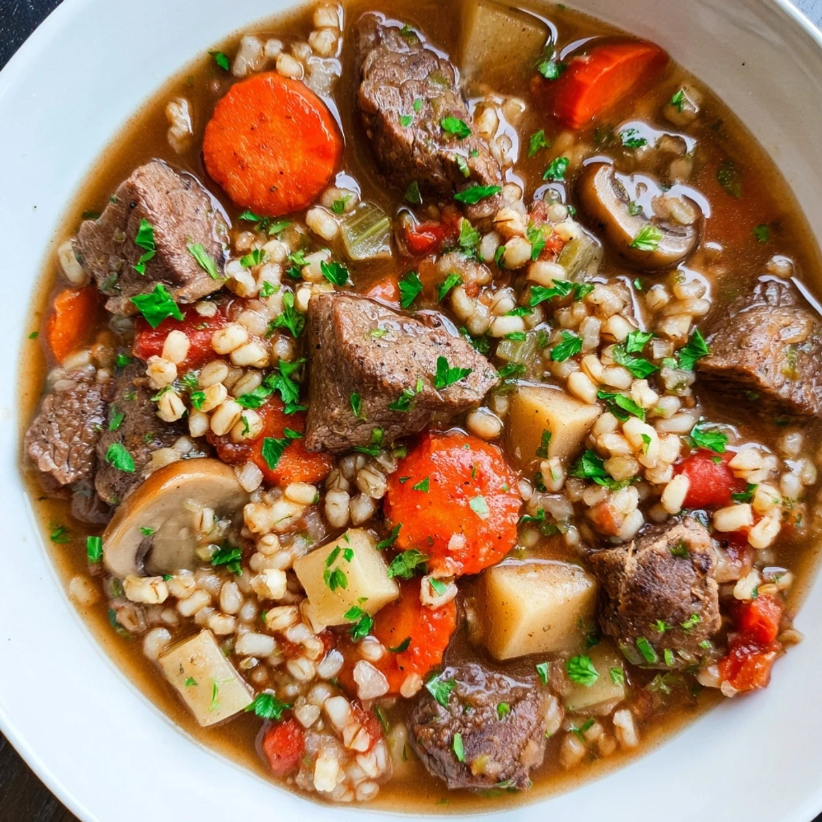 A rustic Dutch oven filled with Hearty Beef and Barley Stew with Parsnips, simmering with aromatic herbs and mushrooms, ready to be ladled into bowls.
