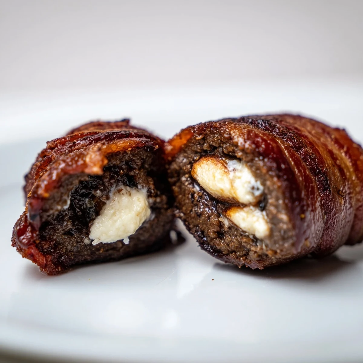Air Fryer Crispy Beef Bacon Wrapped Dates arranged on a white plate, showcasing golden, crunchy bacon and gooey cream cheese filling.