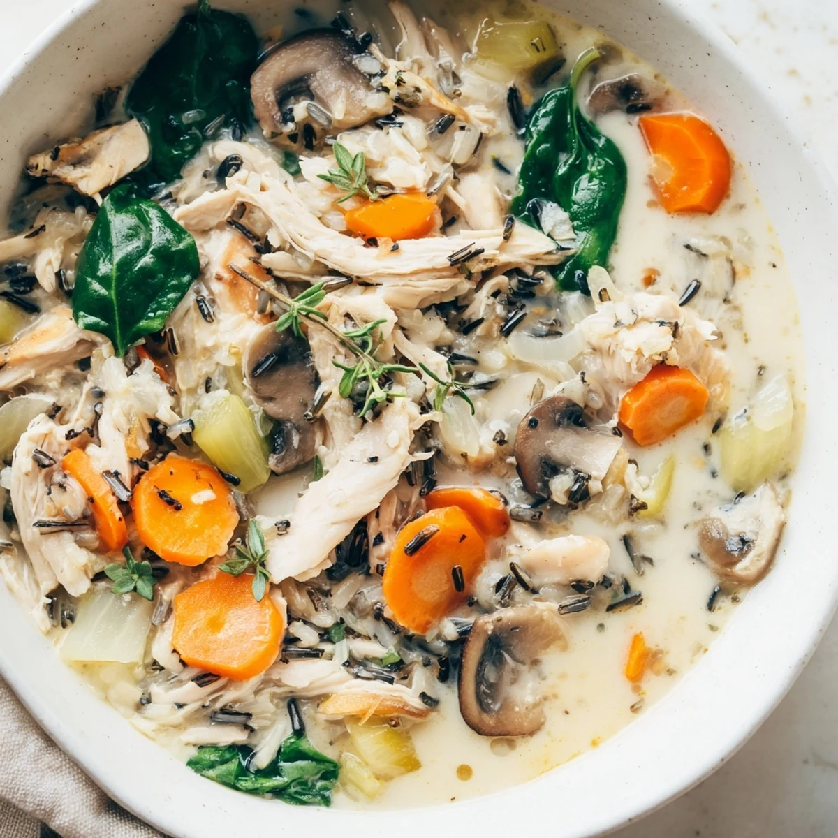 Close-up of Instant Pot Chicken and Wild Rice Soup featuring tender chicken, wild rice, and greens.
