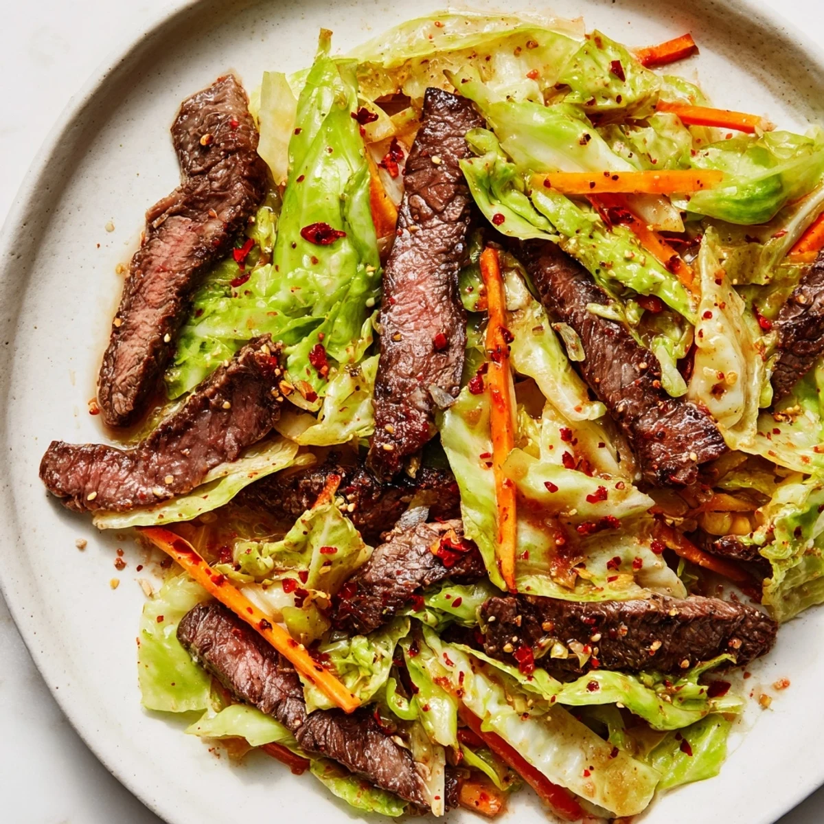 Sizzling Keto Friendly Beef and Cabbage Stir Fry in a hot wok with steam rising.