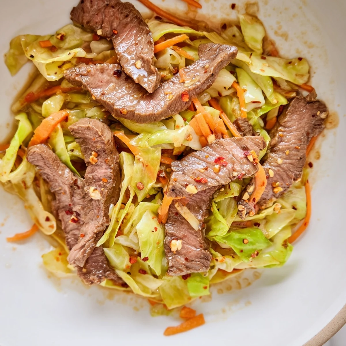 Tender beef strips and crisp green cabbage tossed with fresh garlic and ginger.