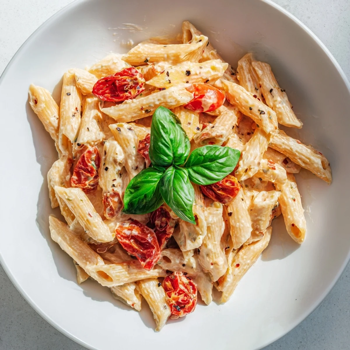 Roasted cherry tomatoes and golden, creamy feta melt into a savory sauce for this Baked Feta Pasta, garnished with fresh basil.