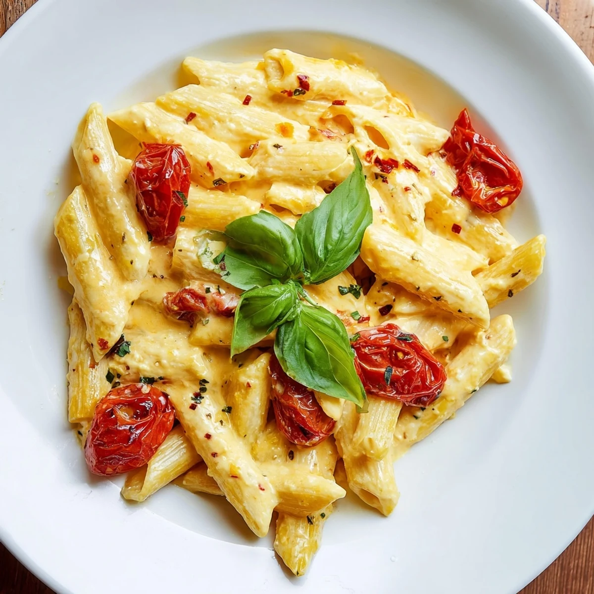 A warm, comforting bowl of Baked Feta Pasta features al dente penne tossed with burst cherry tomatoes and melted feta.