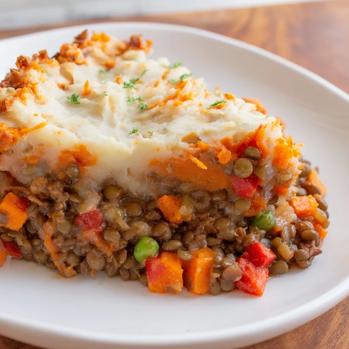 A slice of Vegan Lentil and Sweet Potato Shepherds Pie is served on a white plate with a fresh green salad.