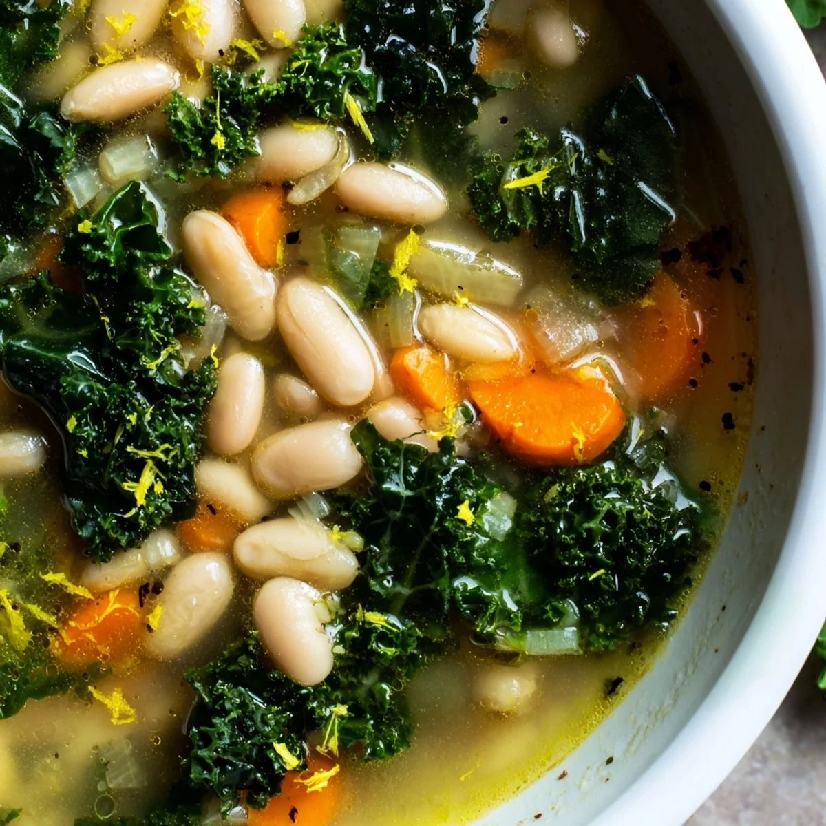 A close-up of White Bean and Kale Soup with Lemon Zest showing tender kale and creamy cannellini beans in savory broth.
