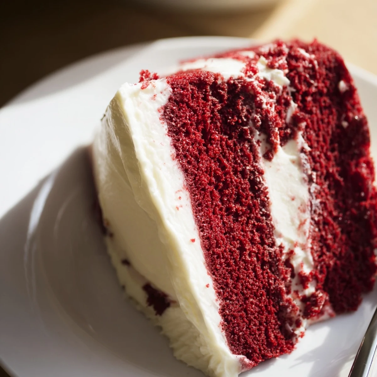 Moist layers of Red Velvet Cake with Cream Cheese Frosting on a white platter, ready to slice.