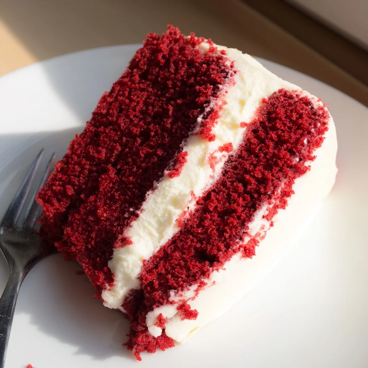 Rich Red Velvet Cake with Cream Cheese Frosting sliced to show velvety crumb and fluffy tangy frosting layers.