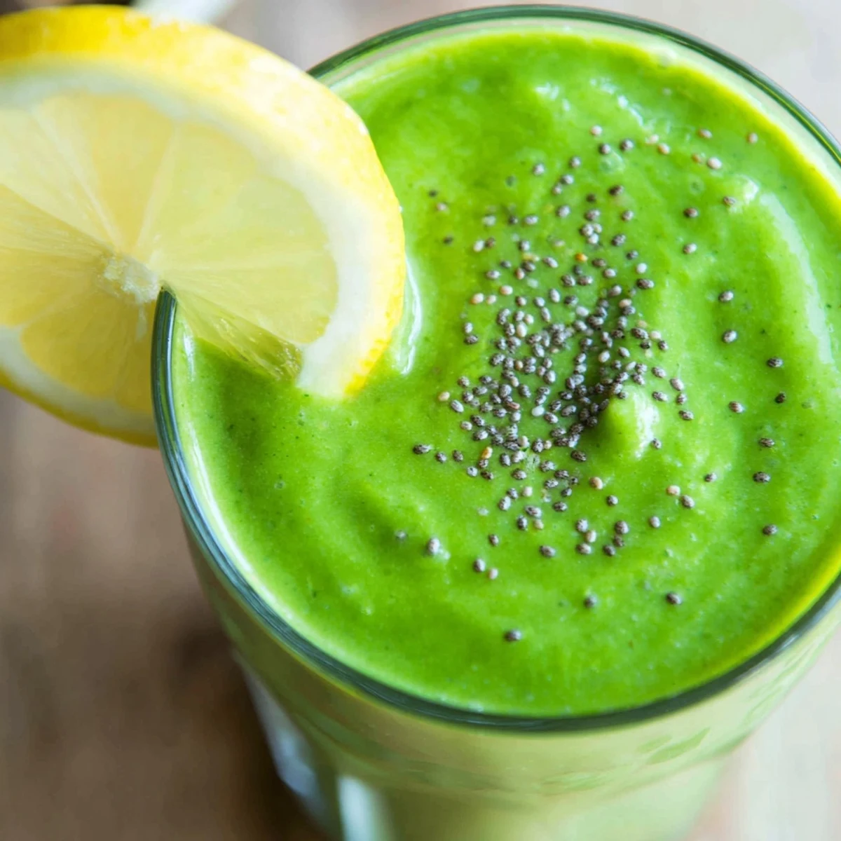 Freshly blended Detox Green Smoothie with Spinach and Ginger poured into a glass beside fresh ingredients.