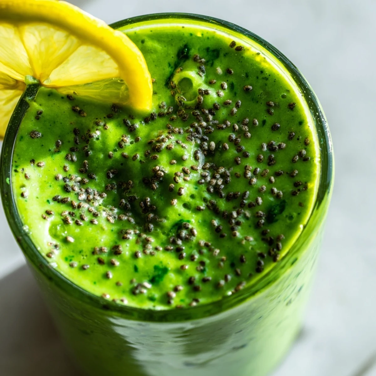 A tall glass of Detox Green Smoothie with Spinach and Ginger topped with fresh lemon and chia seeds.