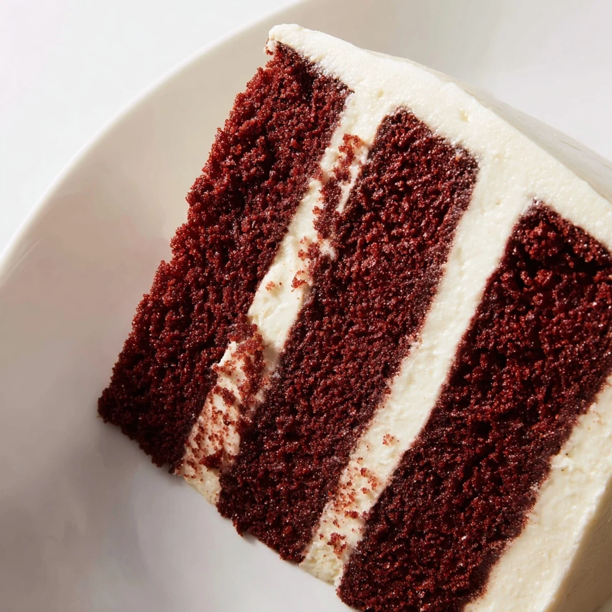 Tall red velvet cake slices reveal cocoa-kissed crumb and tangy frosting on a dessert plate.