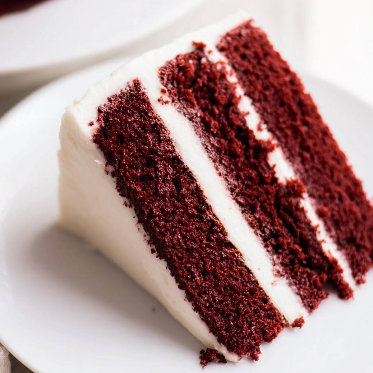 Perfectly stacked, moist red velvet layers are generously covered in fluffy cream cheese frosting.