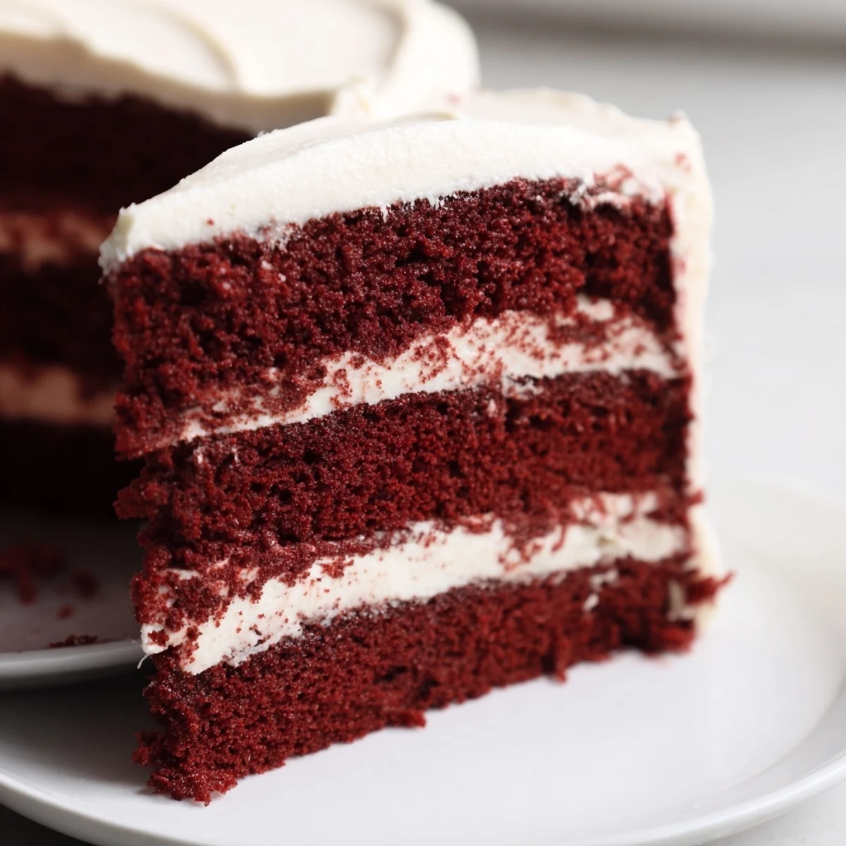 Festive red velvet cake stands tall on a cake stand, ready to slice for celebrations.