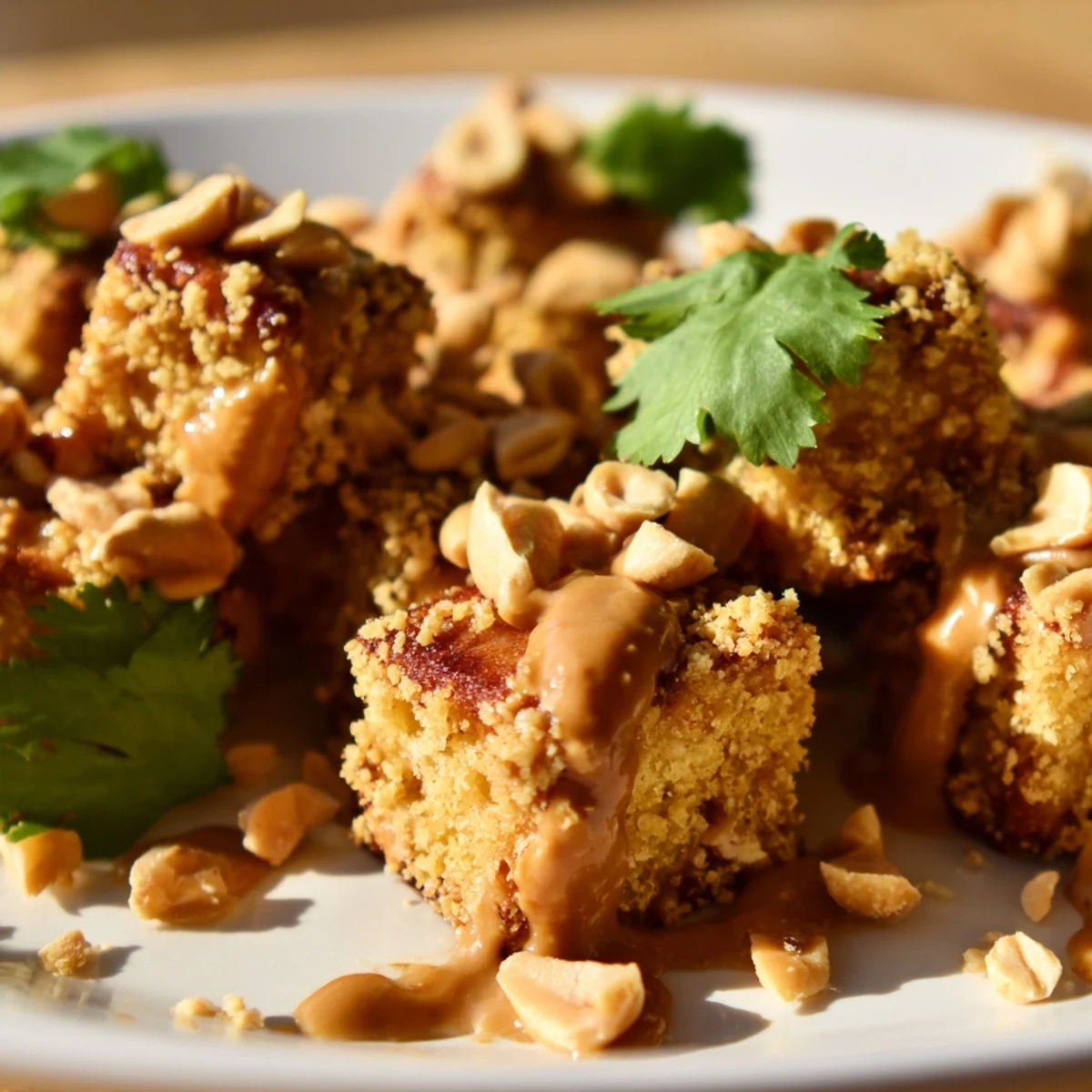 Crispy Baked Tofu with Spicy Peanut Sauce drizzled over fluffy white rice with fresh lime wedges.