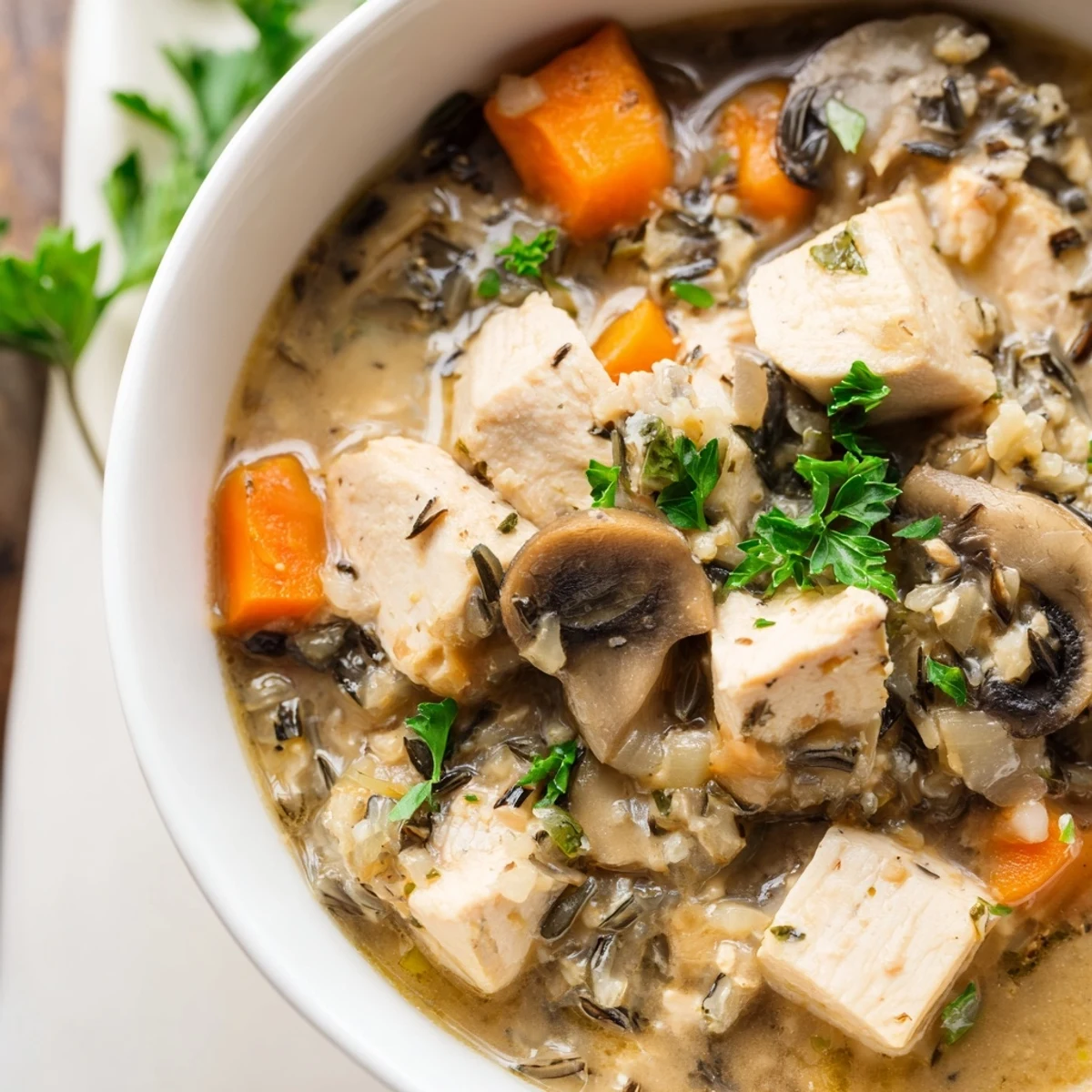 A steaming bowl of Instant Pot Chicken and Wild Rice Soup with Mushrooms, garnished with fresh parsley.