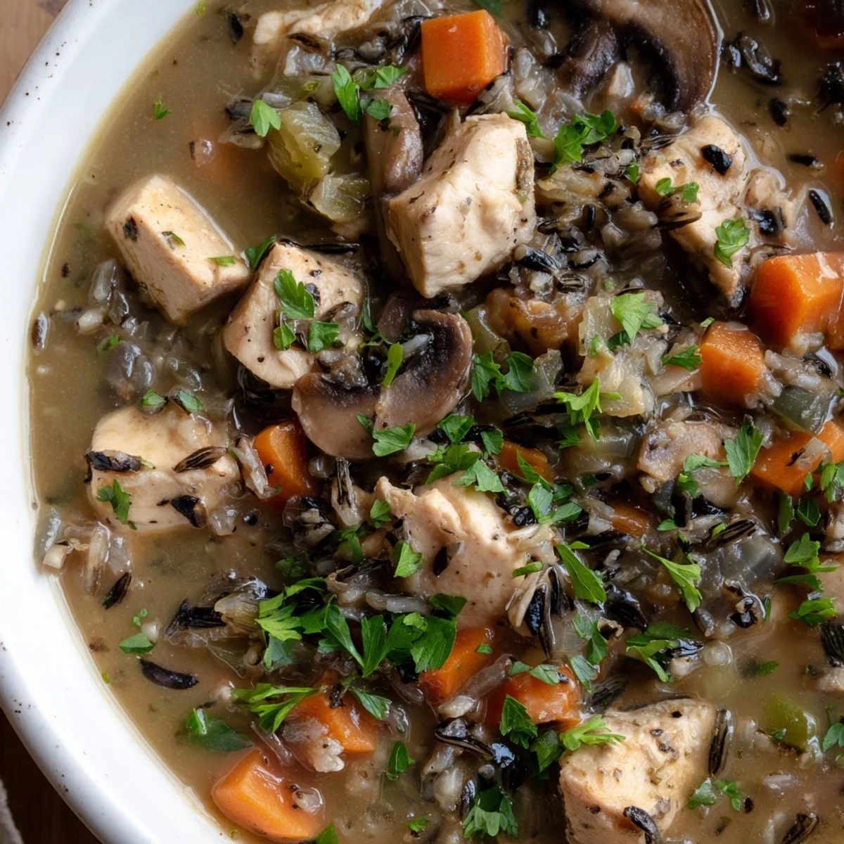 This hearty, gluten-free weeknight meal features tender chicken, earthy mushrooms, and rich broth in a white ceramic bowl.