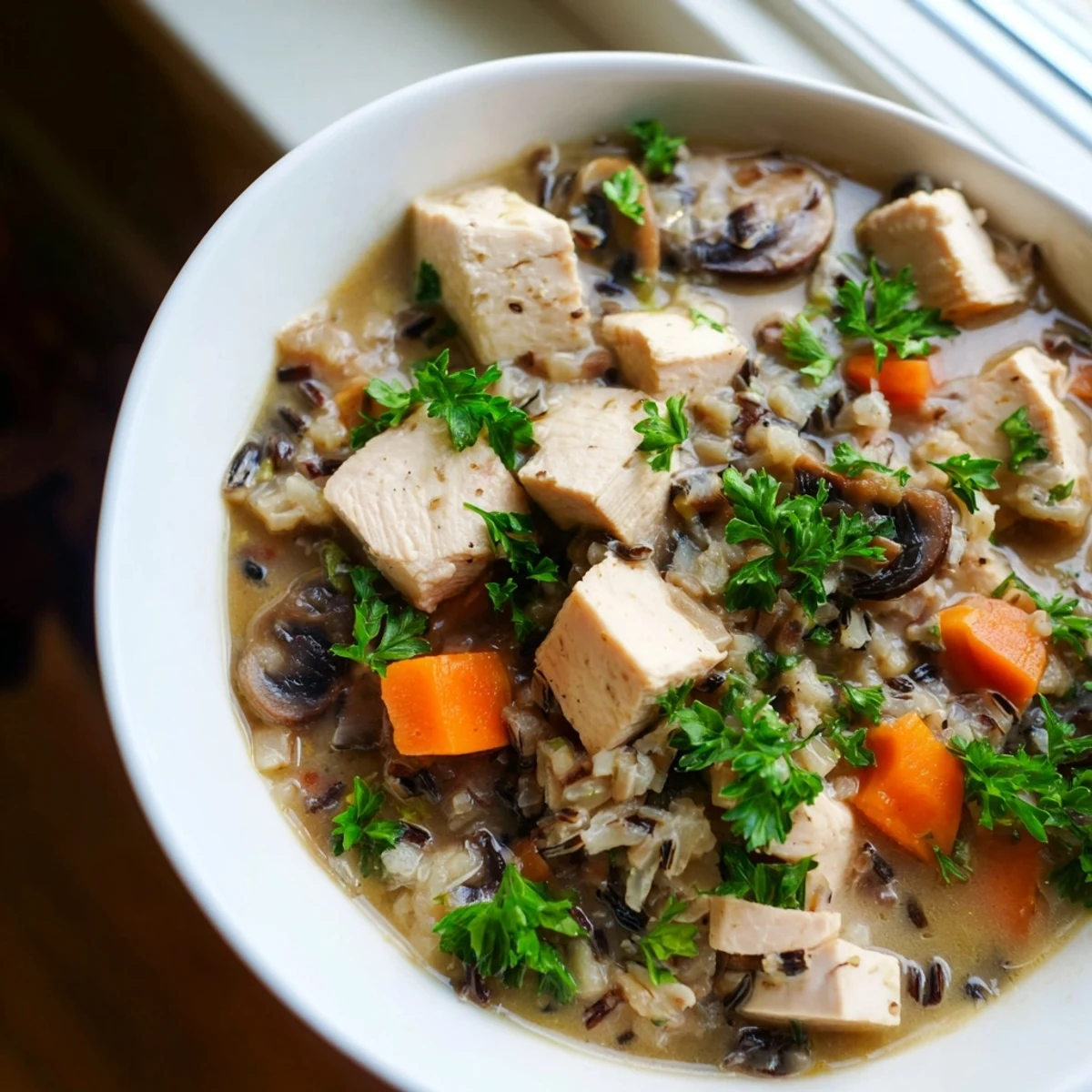 Close-up of Instant Pot Chicken and Wild Rice Soup with Mushrooms, highlighting carrots and savory broth.