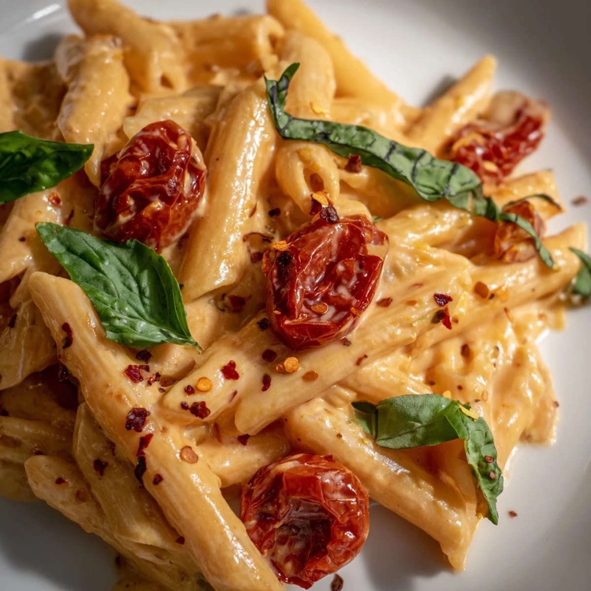 Freshly baked feta pasta with cherry tomatoes roasted until bursting and creamy, topped with torn basil leaves.