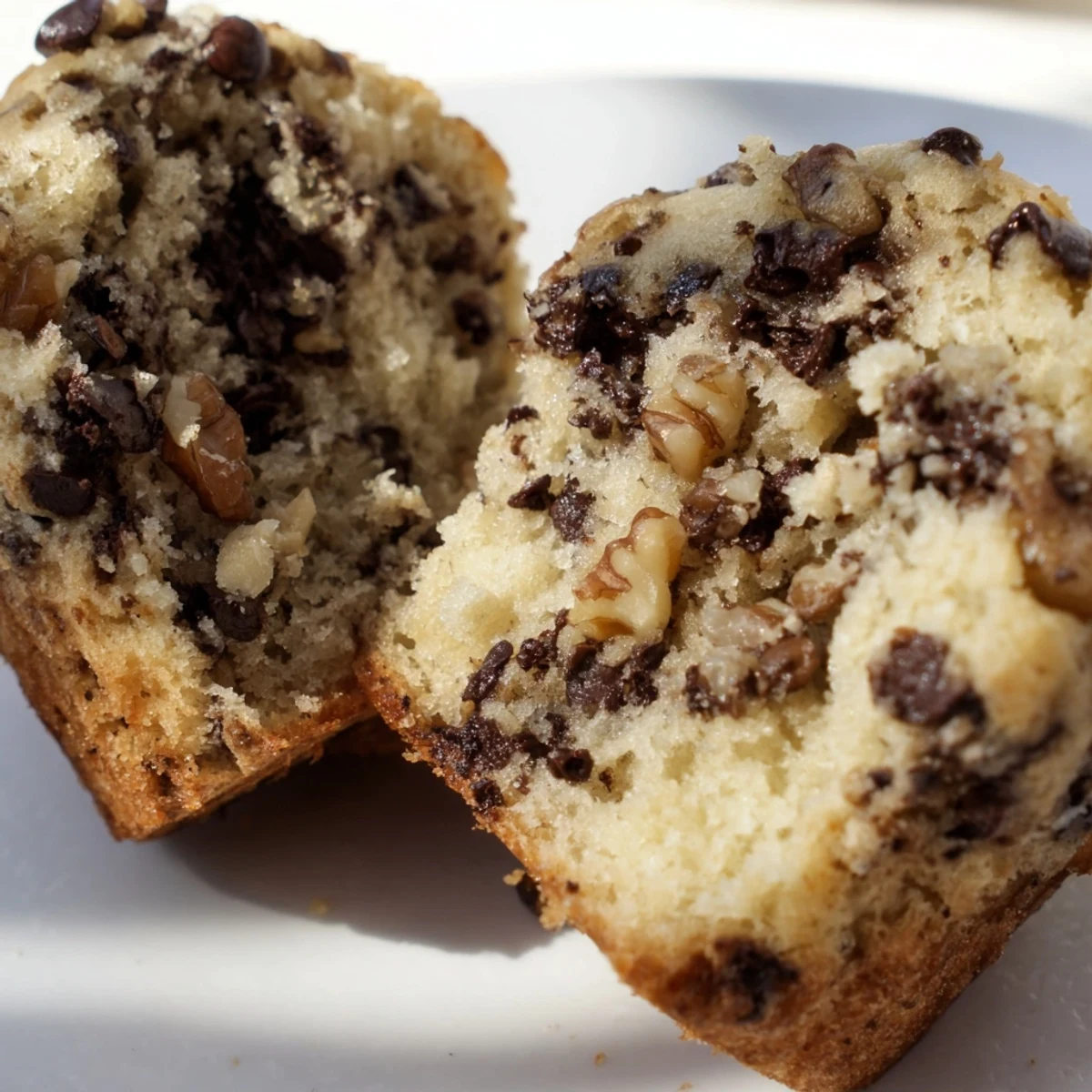 Moist Chocolate Chip Muffins with vanilla extract, served on a wooden board with a glass of milk.