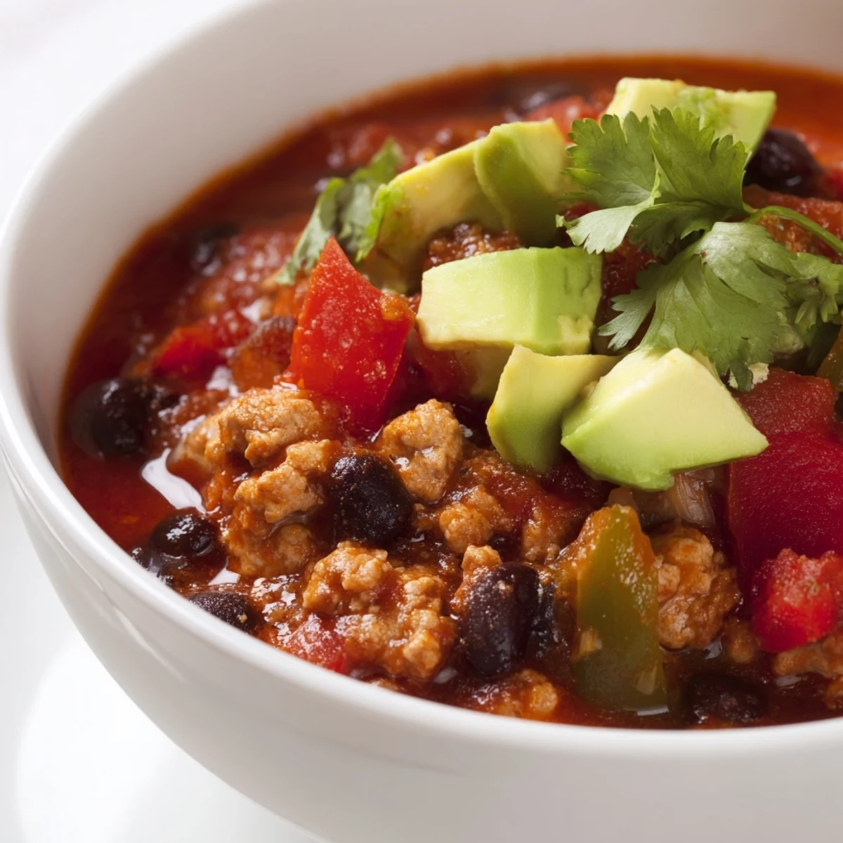 Hearty bowl of Turkey Chili with Black Beans and Tomatoes topped with fresh cilantro, sliced avocado, and green onions.