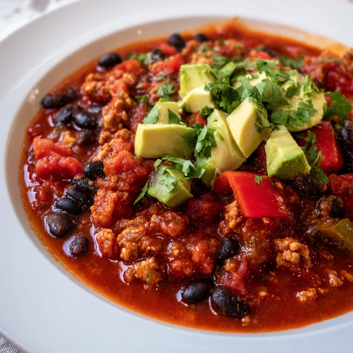 Steaming Turkey Chili with Black Beans and Tomatoes in a rustic pot, simmered with diced onions and red bell peppers.