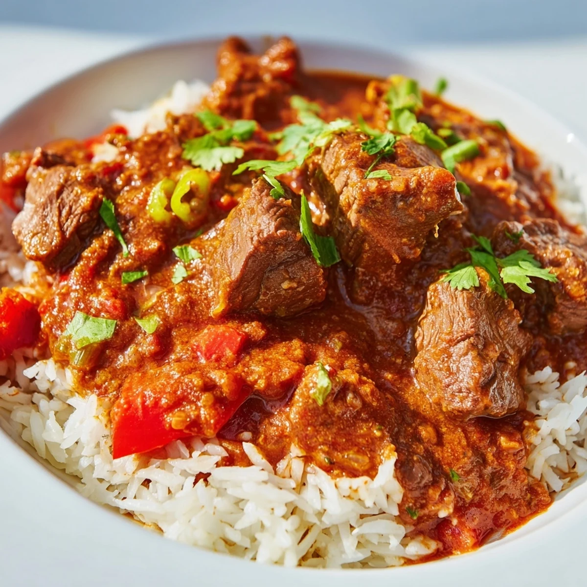 A close-up shot of Spicy Beef Curry with Basmati Rice steaming on a plate, garnished with fresh cilantro.