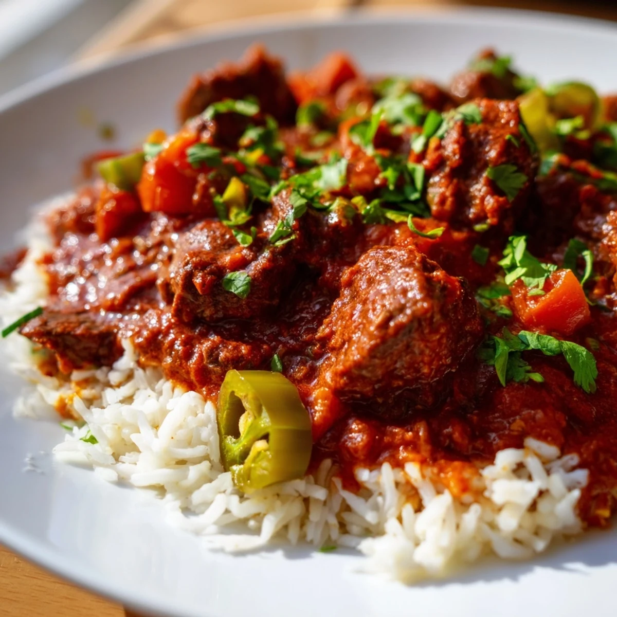 Richly spiced Spicy Beef Curry with Basmati Rice served in a rustic ceramic bowl, perfect for a hearty dinner.