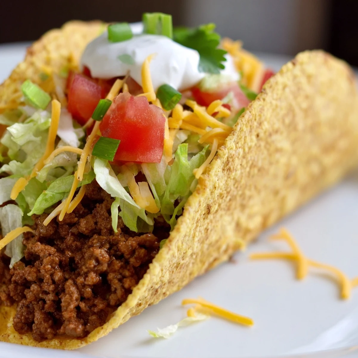 Golden taco shells overflowing with savory beef, shredded lettuce, diced tomatoes, and a dollop of sour cream next to fresh lime wedges.