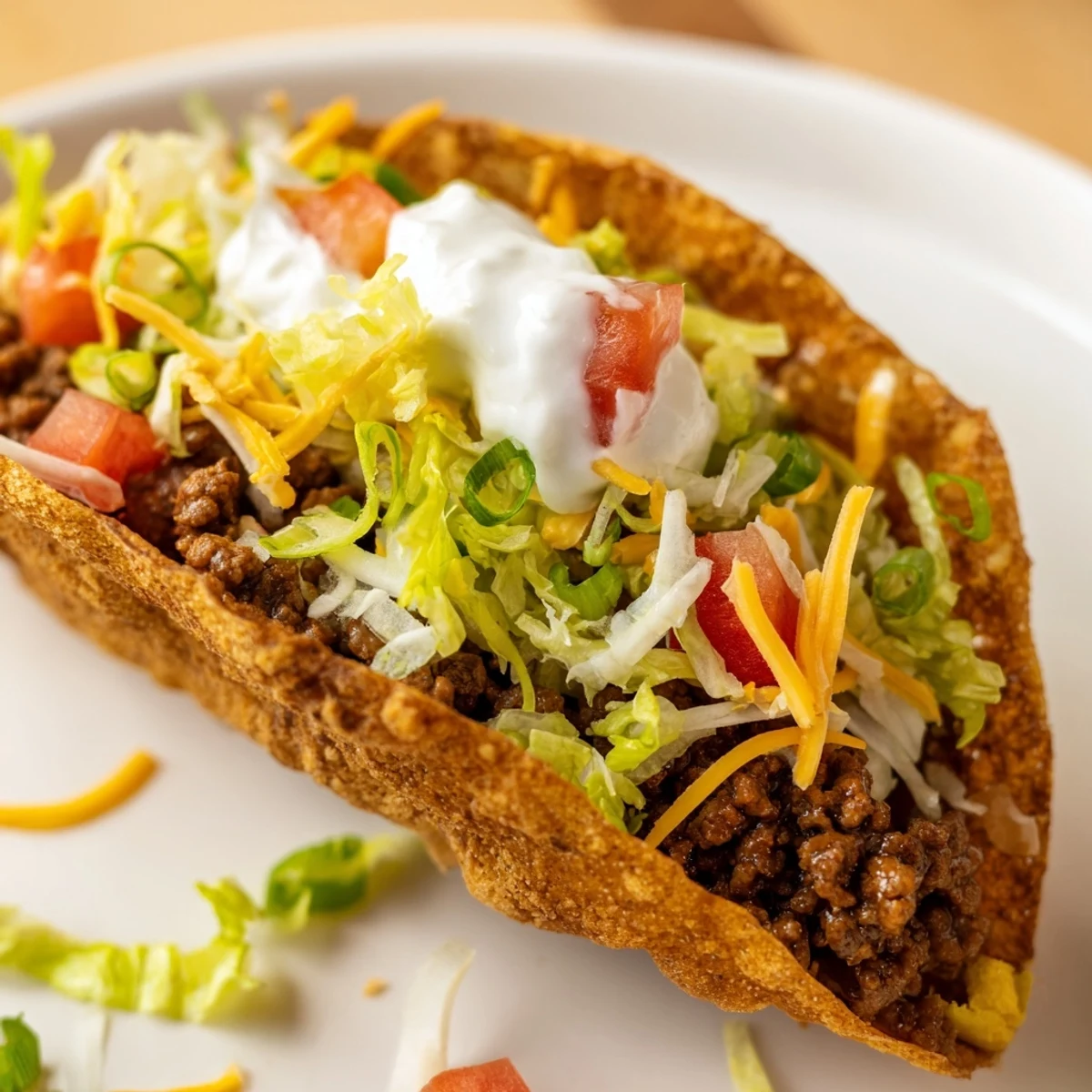 Easy Beef Tacos with Sour Cream and Cheese garnished with green onions and cilantro, ready to serve for family taco night.