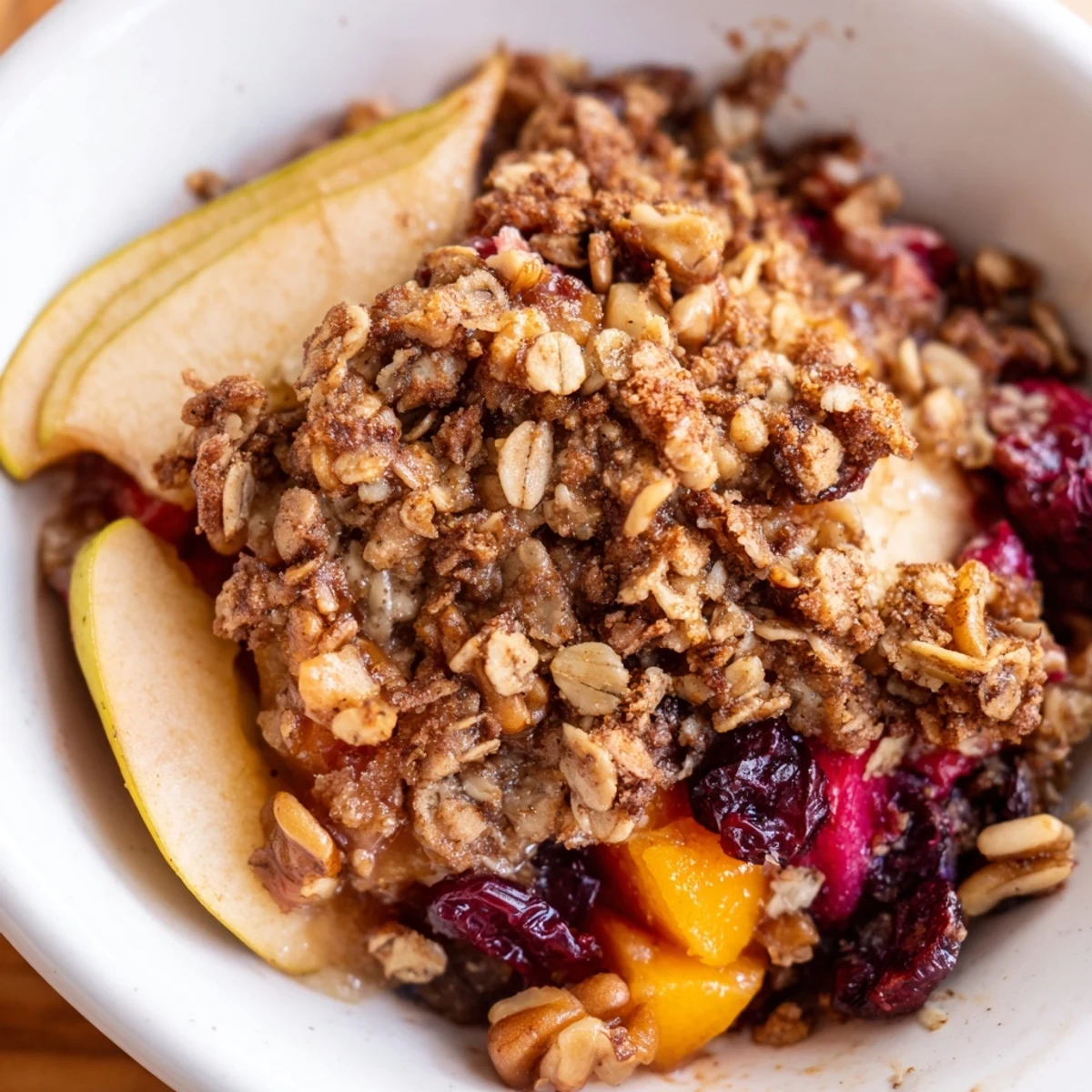 A warm bowl of Winter Fruit Crisp with bubbling apples, pears, and cranberries topped with a crunchy oat streusel.
