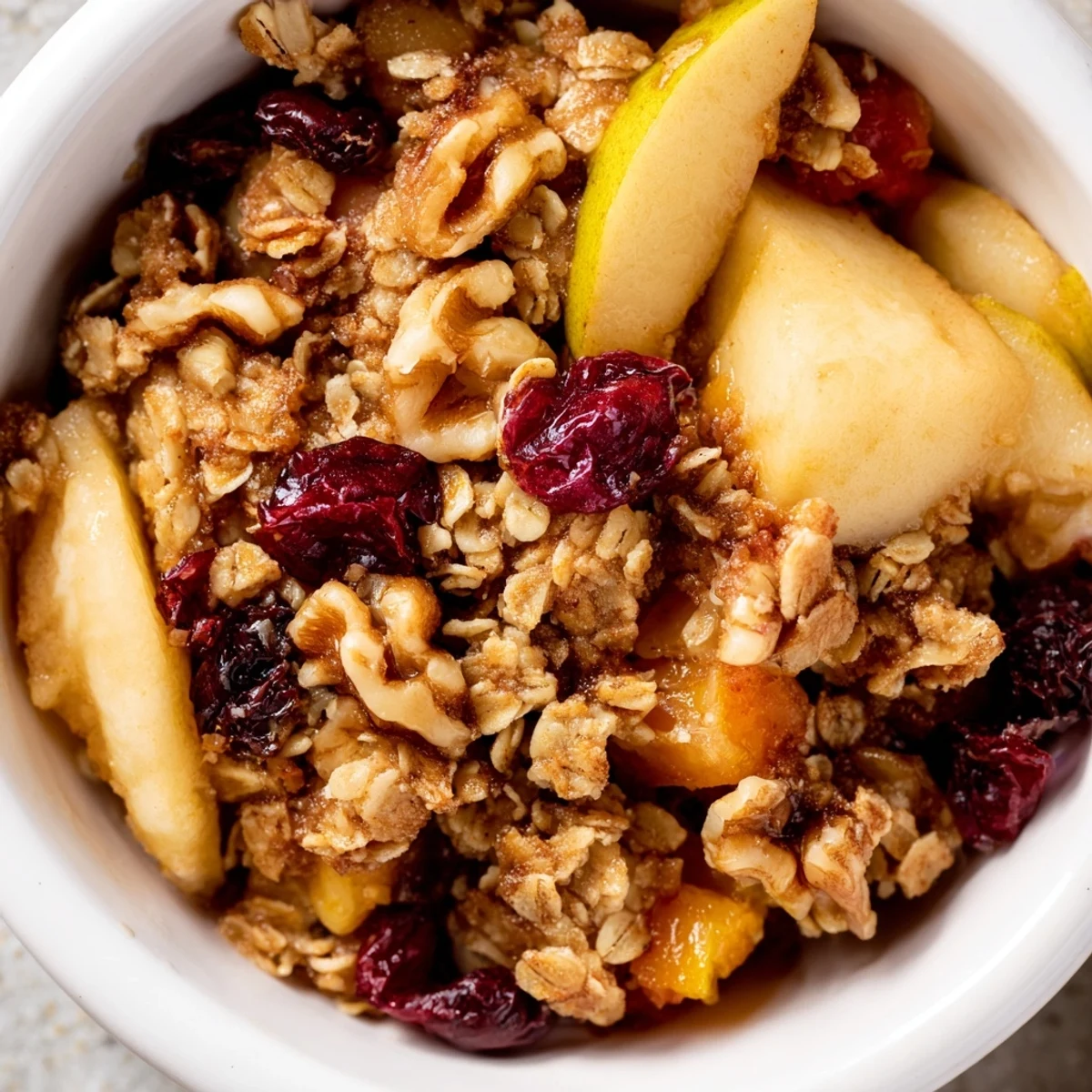 Rustic Winter Fruit Crisp in a baking dish, featuring cinnamon-scented fruit filling and a buttery oat nut topping.