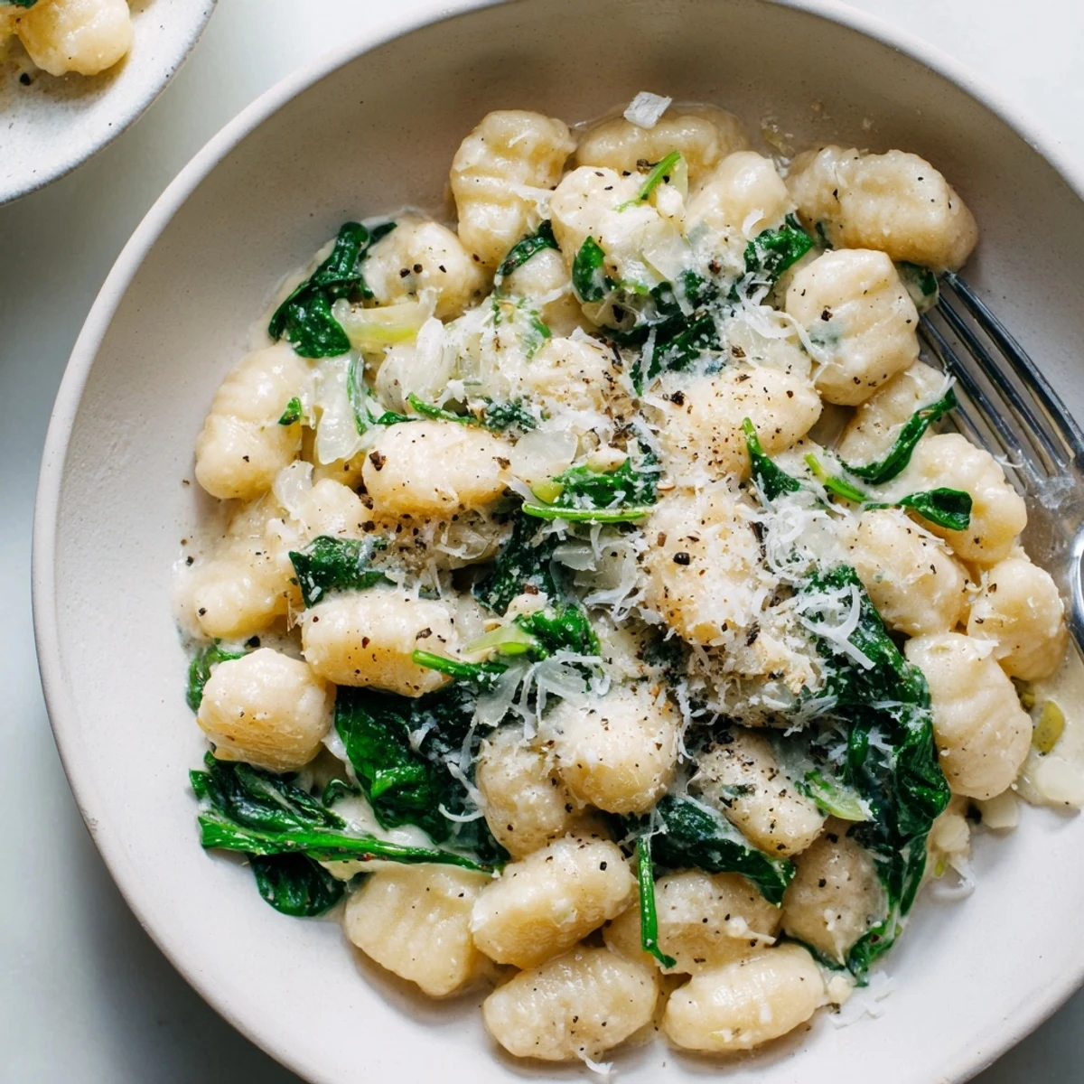Creamy Gnocchi with Spinach served in a white bowl, featuring pillowy potato dumplings coated in a luscious garlicky cream sauce with wilted greens and shaved Parmesan.