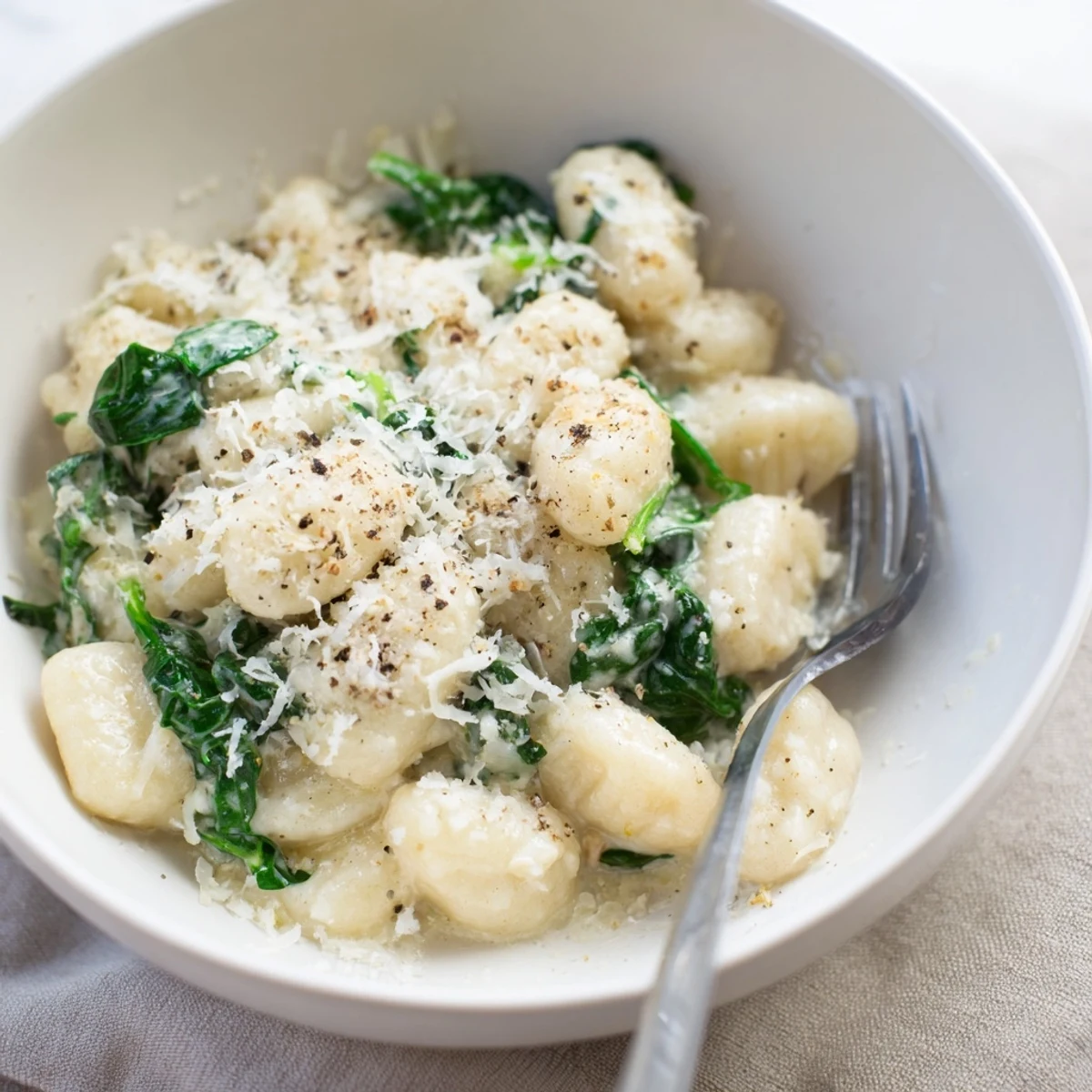 Steam rises from Creamy Gnocchi with Spinach as tender gnocchi and emerald spinach mingle in a velvety garlic Parmesan sauce, garnished with cracked black pepper.