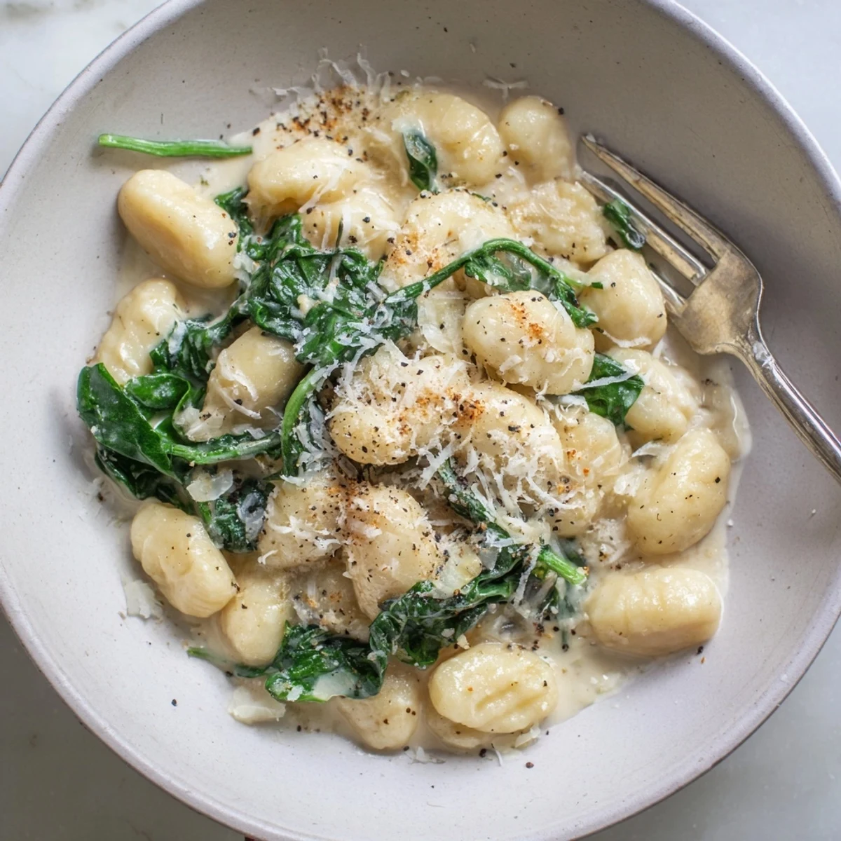 Creamy Gnocchi with Spinach is plated with golden edges, fresh spinach leaves, and extra Parmesan, a comforting Italian-inspired main dish ready for a weeknight dinner.
