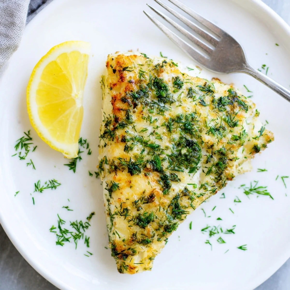 Flaky baked cod fillets topped with a golden herb crust made from fresh parsley, dill, and lemon zest.  