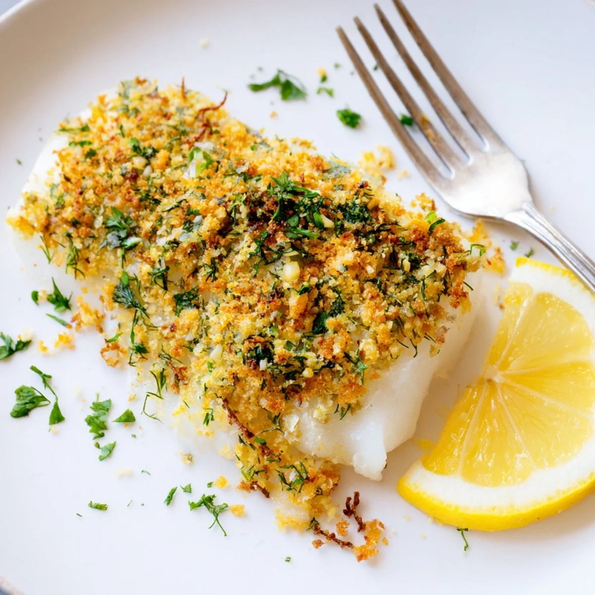 Golden brown baked cod with herb crust served with lemon wedges and fresh herbs on a rustic plate.  