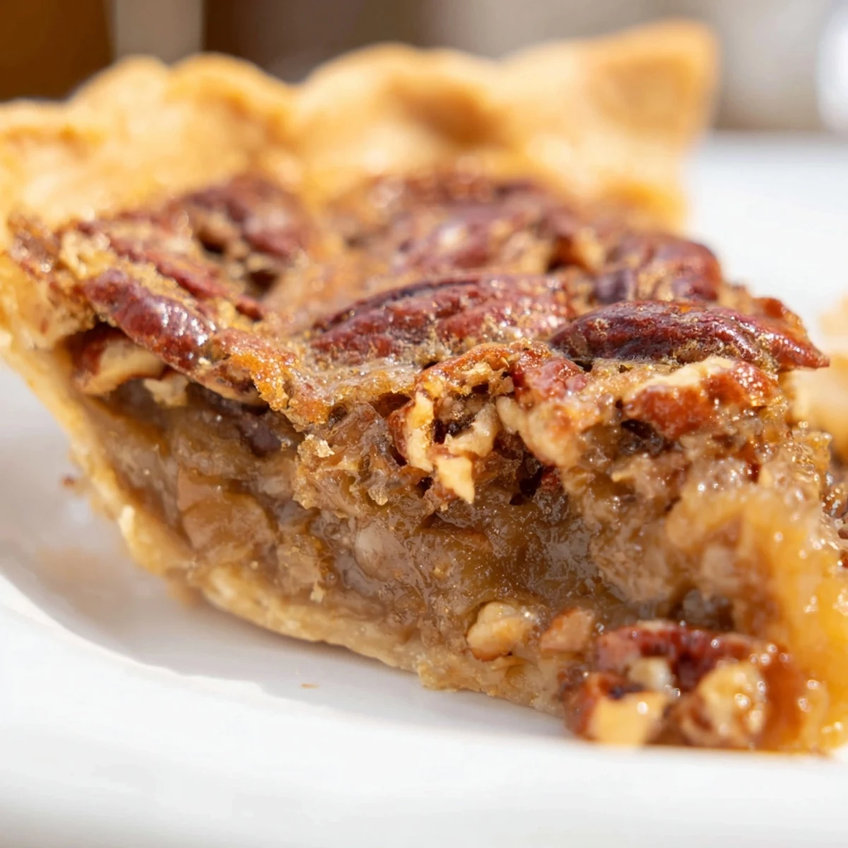 A close-up of Southern Pecan Pie with a golden, flaky crust and a glossy, caramel-like filling packed with toasted pecan halves.