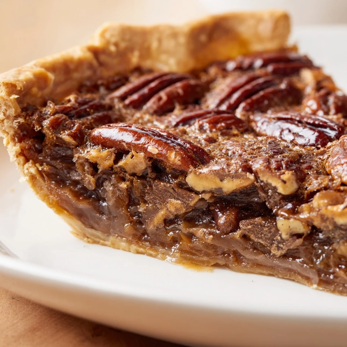 A slice of Southern Pecan Pie reveals rich, gooey filling and perfectly toasted pecans on a buttery crust.