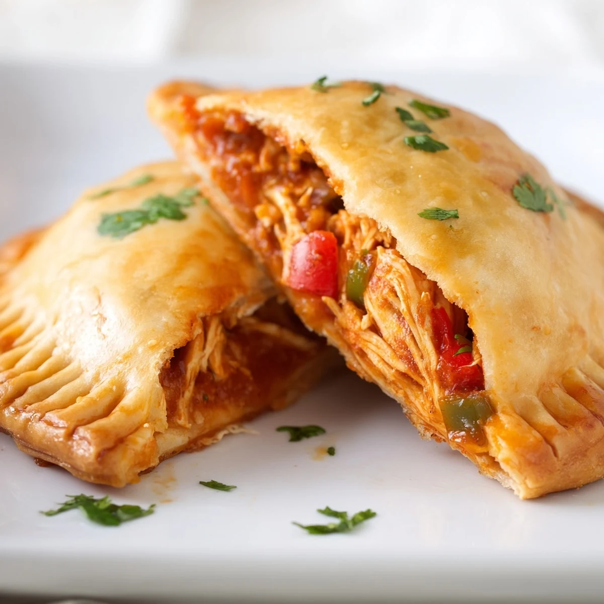 Golden-brown Super Bowl Spicy Chicken Empanadas, baked until flaky and served with a side of cooling sour cream.  