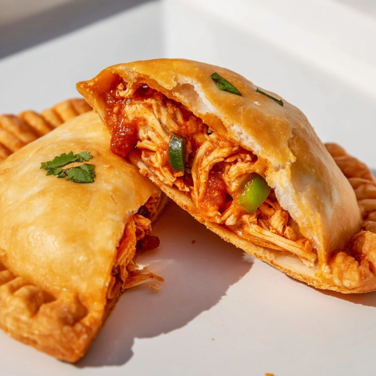 Close-up of Super Bowl Spicy Chicken Empanadas, showcasing a crispy crust and a savory chicken filling for game day.