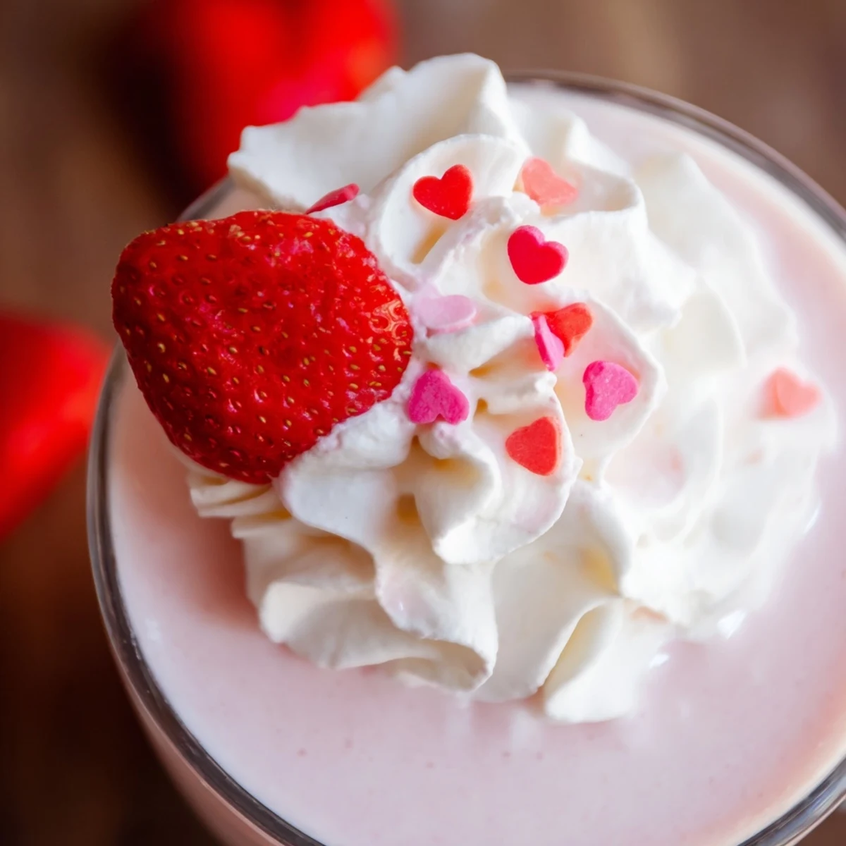 Refreshing Valentine Strawberry Milkshake garnished with a strawberry slice and straw, perfect for a romantic treat.