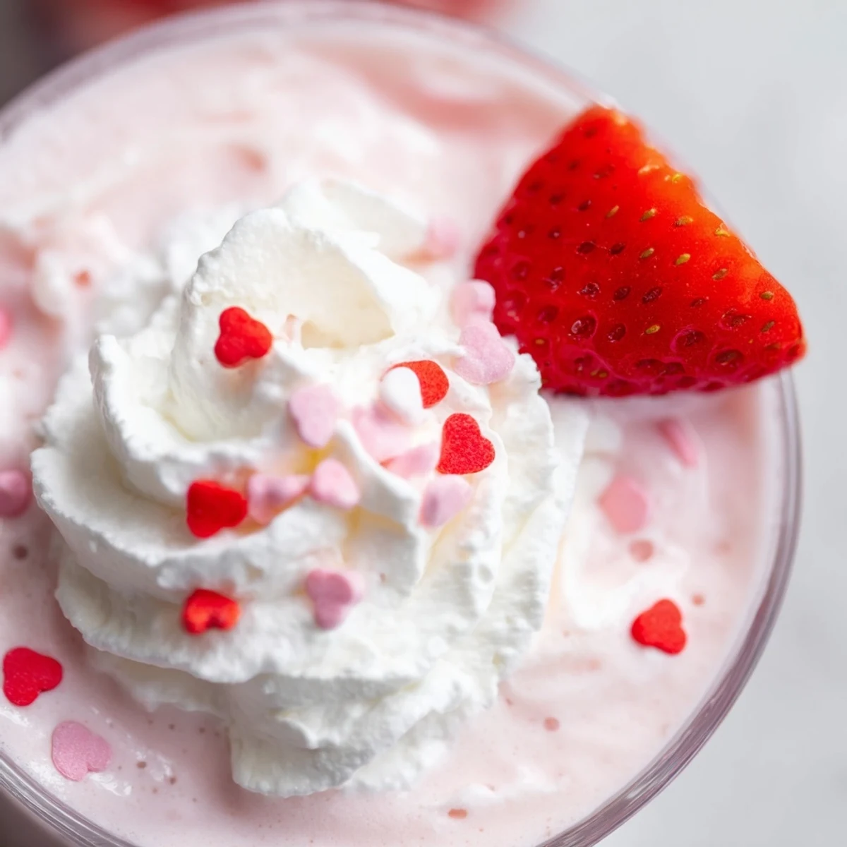 Indulgent Valentine Strawberry Milkshake with vanilla ice cream and heart-shaped sprinkles for a festive touch.  