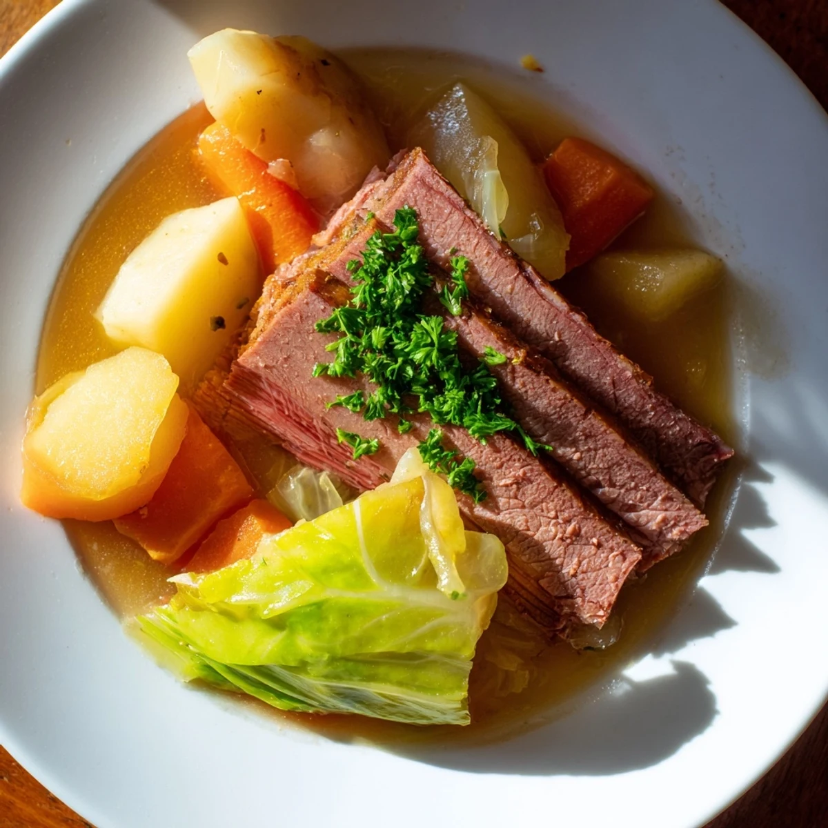 The tender, thinly sliced Corned Beef Brisket with Root Vegetables is plated with colorful carrots, parsnips, and potatoes, drizzled with savory broth.  