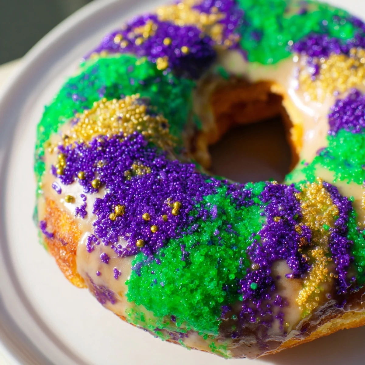 Freshly baked Mardi Gras King Cake Donuts with vibrant purple, green, and gold sugars on a wire rack.  