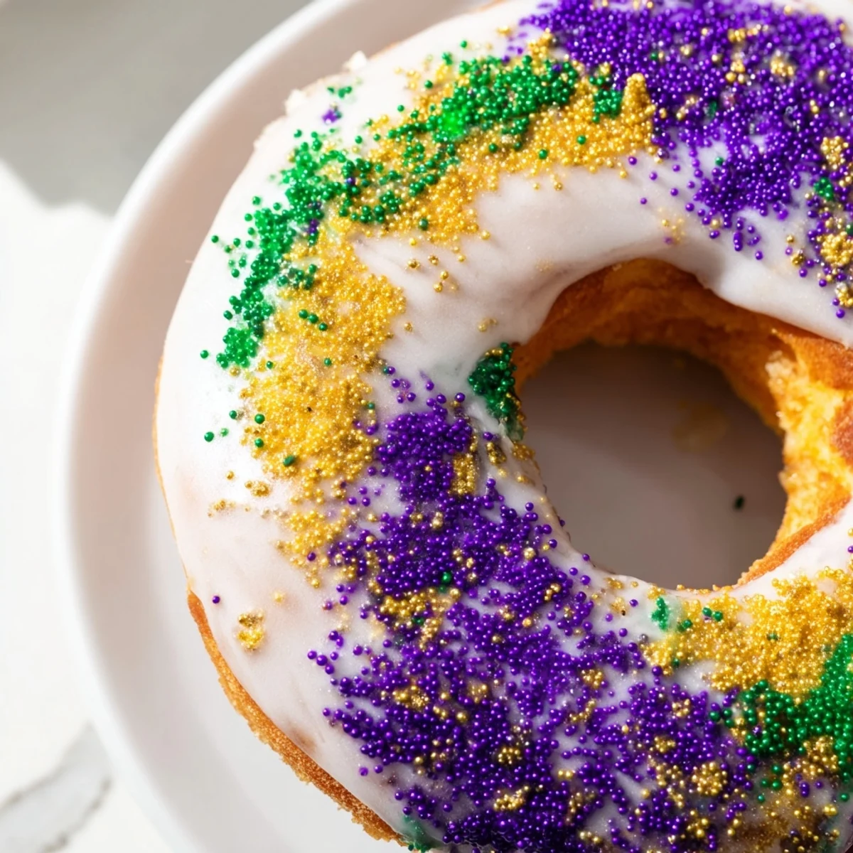 Sugary Mardi Gras King Cake Donuts glistening with vanilla glaze, ready for a festive New Orleans celebration.  