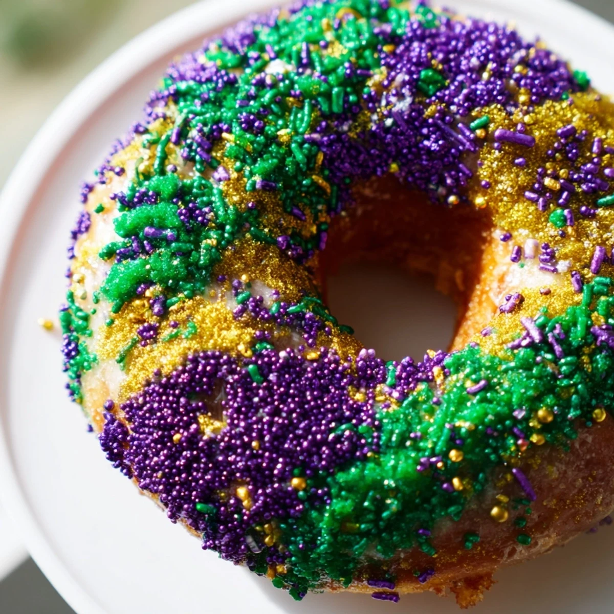 Warm Mardi Gras King Cake Donuts topped with cream cheese filling and colorful sanding sugars on parchment.