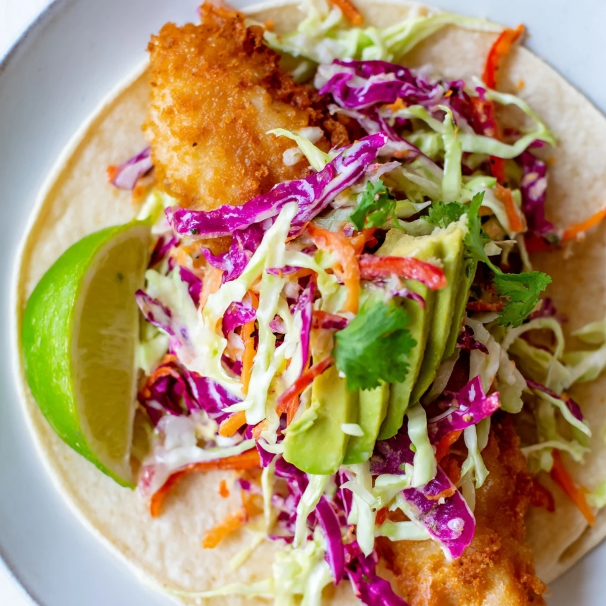 Golden crispy fish fillets nestled in warm corn tortillas, topped with vibrant cabbage slaw and a fresh lime wedge for a zesty finish.