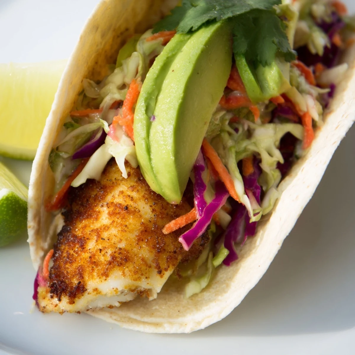 A close-up view of crispy fish tacos with creamy slaw and avocado slices, ready to serve for an easy weeknight dinner.