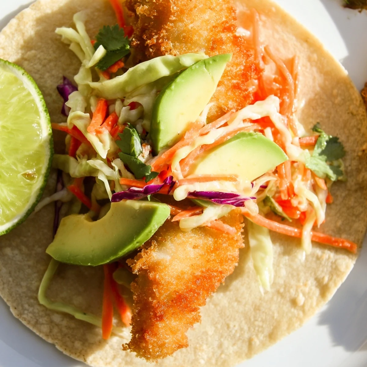 Freshly assembled fish tacos featuring golden-brown fish, shredded cabbage slaw, and lime, capturing the coastal Mexican-inspired flavors in every bite.