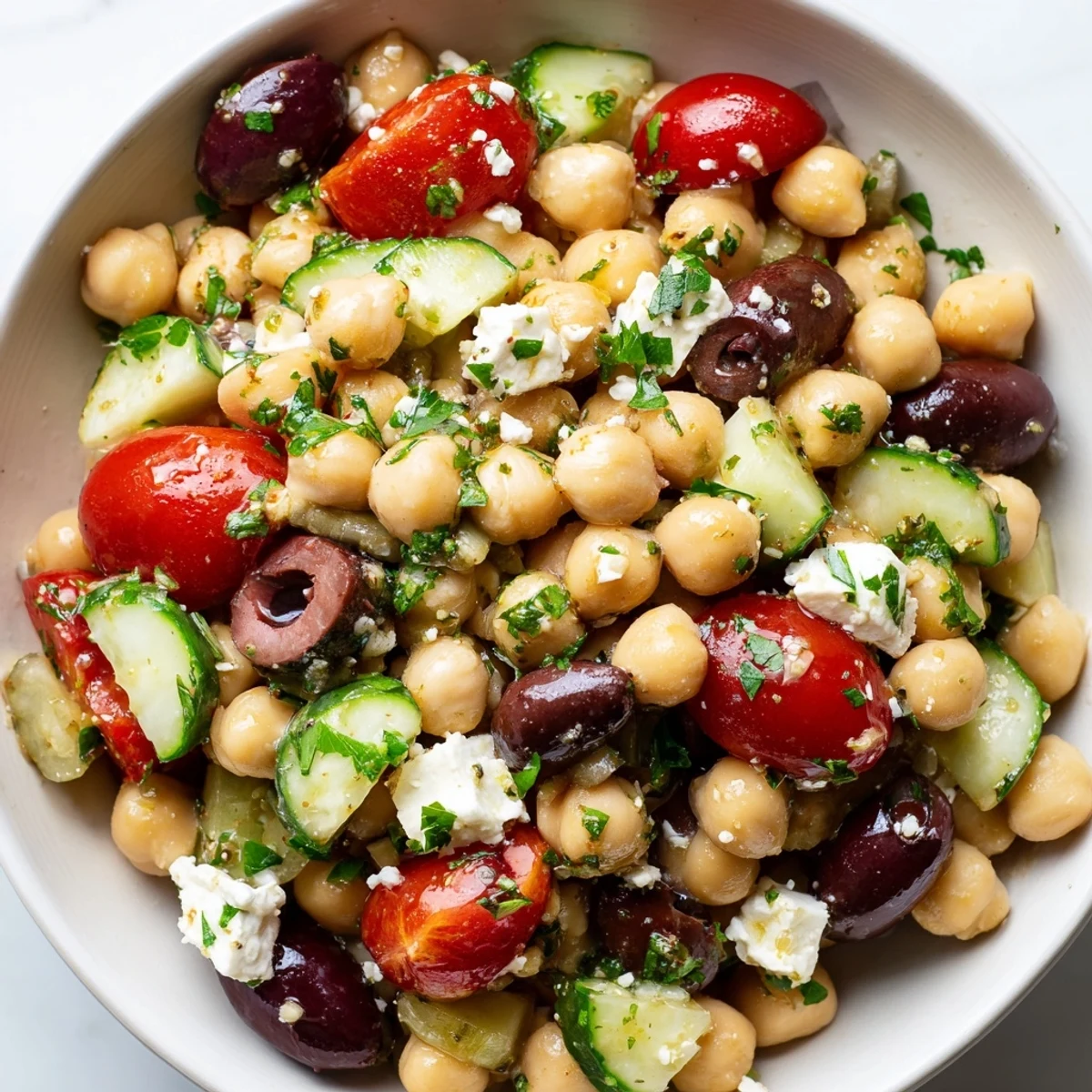A close-up of Mediterranean Chickpea Salad with crumbled feta and Kalamata olives, tossed in a zesty lemon vinaigrette on a rustic wooden table.  