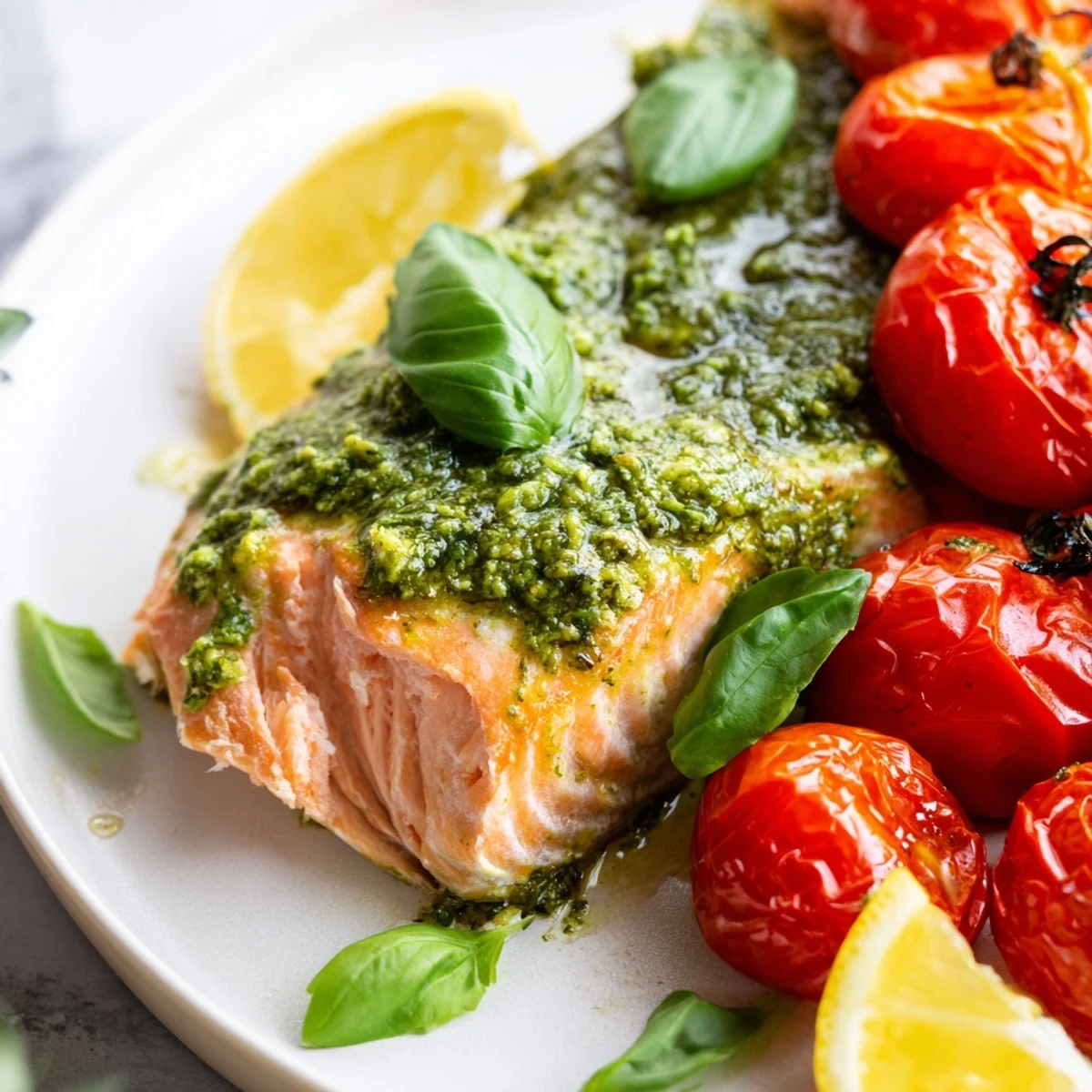 Roasted Baked Salmon with Pesto and Cherry Tomatoes beside juicy tomato halves on a lined baking sheet.